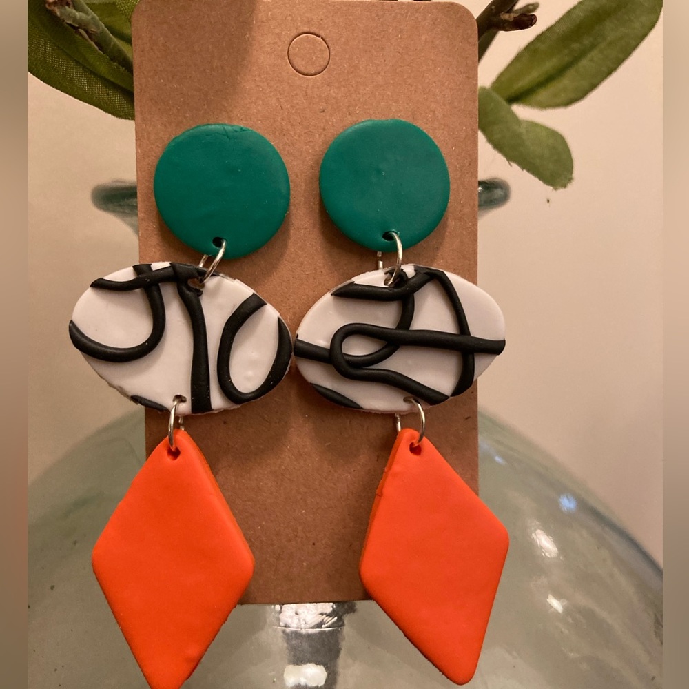 Dangle Earrings with mixed shapes and fall colors. Lightweight polymer clay.
